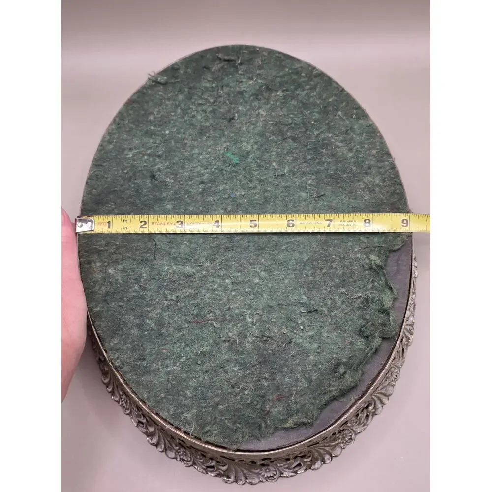 Vintage Hollywood Regency Silver Filigree Mirrored Vanity Tray Oval Dresser...